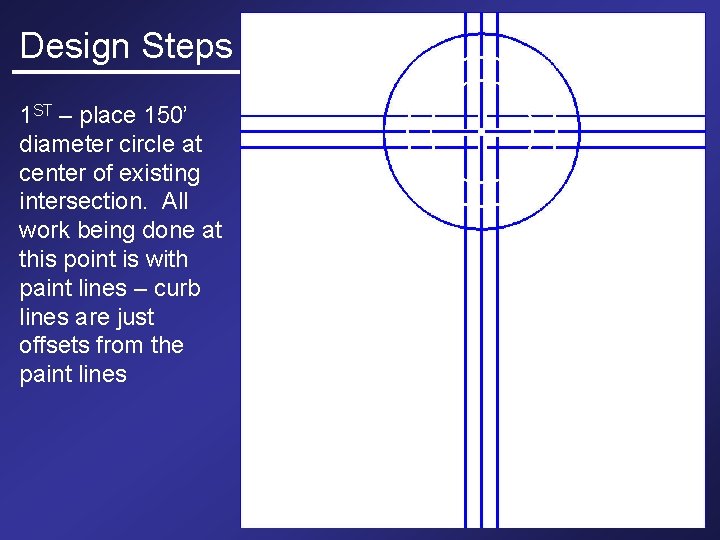 Design Steps 1 ST – place 150’ diameter circle at center of existing intersection.