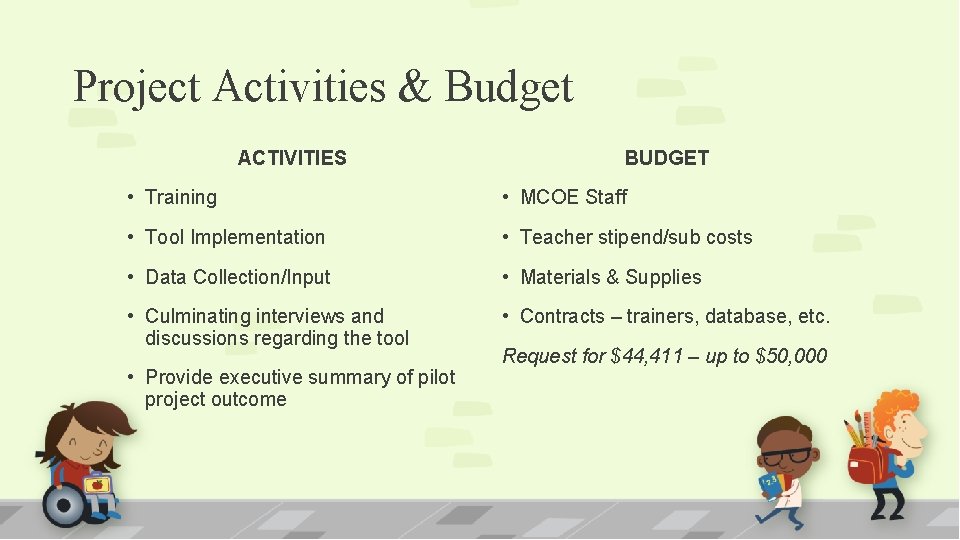 Project Activities & Budget ACTIVITIES BUDGET • Training • MCOE Staff • Tool Implementation