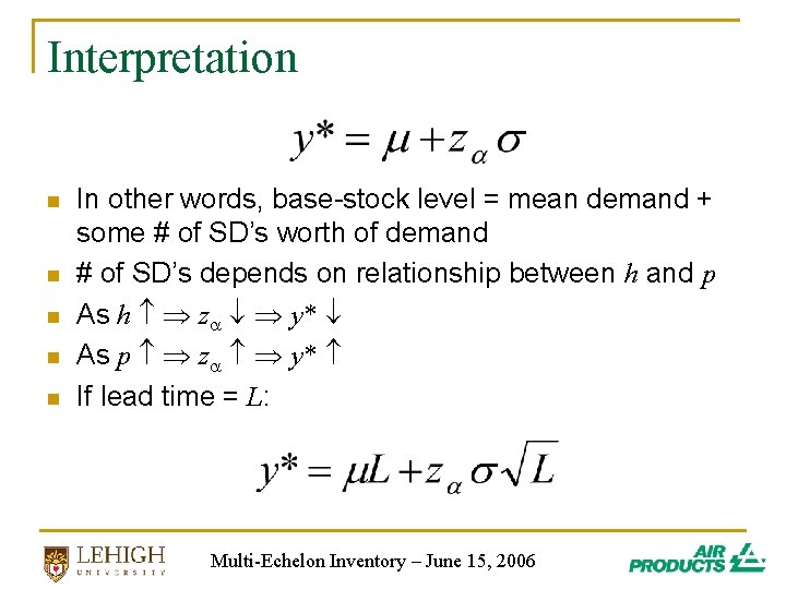 Interpretation n n In other words, base-stock level = mean demand + some # Interpretation n n In other words, base-stock level = mean demand + some #