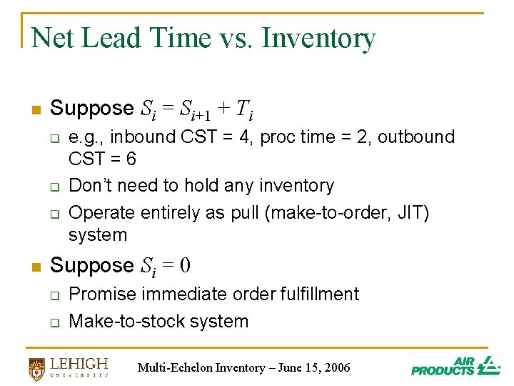 Net Lead Time vs. Inventory n Suppose Si = Si+1 + Ti q q Net Lead Time vs. Inventory n Suppose Si = Si+1 + Ti q q