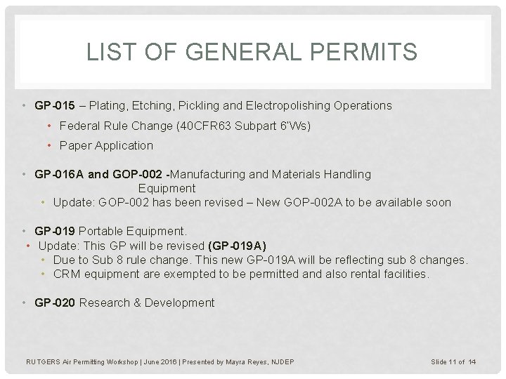 LIST OF GENERAL PERMITS • GP-015 – Plating, Etching, Pickling and Electropolishing Operations •