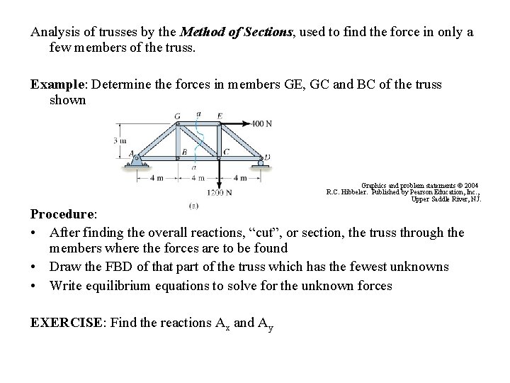 Analysis of trusses by the Method of Sections, used to find the force in