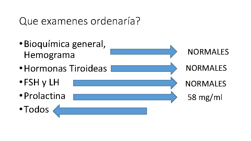 Que examenes ordenaría? • Bioquímica general, Hemograma • Hormonas Tiroideas • FSH y LH Que examenes ordenaría? • Bioquímica general, Hemograma • Hormonas Tiroideas • FSH y LH