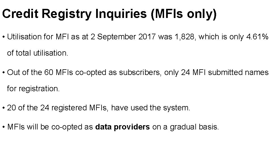 Credit Registry Inquiries (MFIs only) • Utilisation for MFI as at 2 September 2017