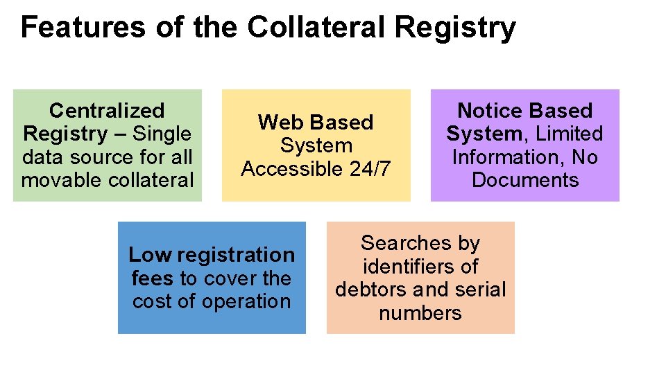 Features of the Collateral Registry Centralized Registry – Single data source for all movable