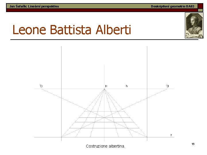 Jan Šafařík: Lineární perspektiva Deskriptivní geometrie BA 03 Leone Battista Alberti Costruzione albertina. 16