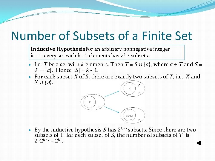 Number of Subsets of a Finite Set Inductive Hypothesis : For an arbitrary nonnegative