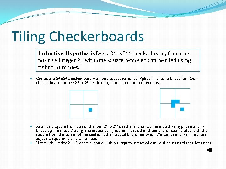 Tiling Checkerboards Inductive Hypothesis : Every 2 k-1 × 2 k-1 checkerboard, for some