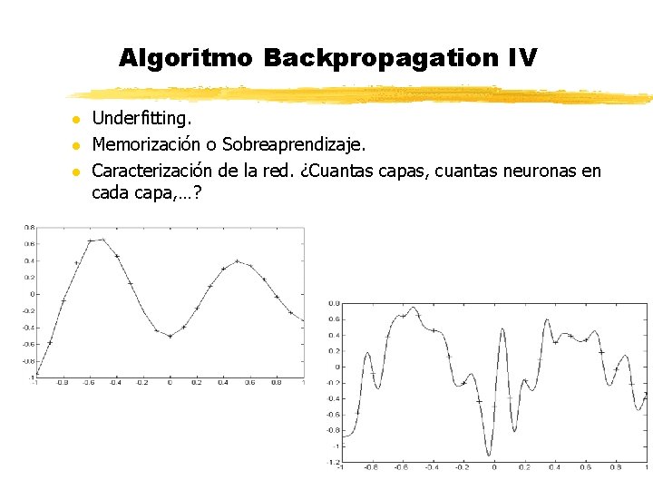 Algoritmo Backpropagation IV l l l Underfitting. Memorización o Sobreaprendizaje. Caracterización de la red.