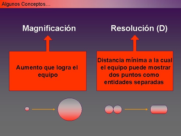 Algunos Conceptos… Magnificación Aumento que logra el equipo Resolución (D) Distancia mínima a la Algunos Conceptos… Magnificación Aumento que logra el equipo Resolución (D) Distancia mínima a la
