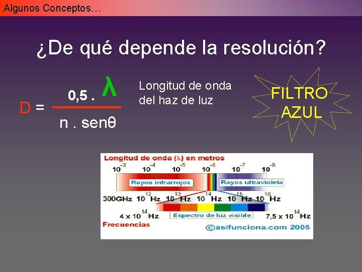Algunos Conceptos… ¿De qué depende la resolución? D= 0, 5. λ n. senθ Longitud Algunos Conceptos… ¿De qué depende la resolución? D= 0, 5. λ n. senθ Longitud