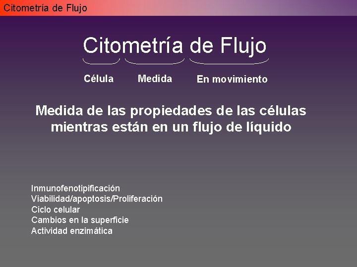 Citometría de Flujo Célula Medida En movimiento Medida de las propiedades de las células Citometría de Flujo Célula Medida En movimiento Medida de las propiedades de las células
