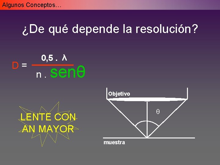 Algunos Conceptos… ¿De qué depende la resolución? D= 0, 5. λ n. senθ Objetivo Algunos Conceptos… ¿De qué depende la resolución? D= 0, 5. λ n. senθ Objetivo