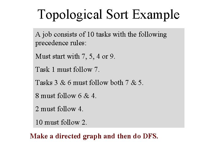 Topological Sort Example A job consists of 10 tasks with the following precedence rules: