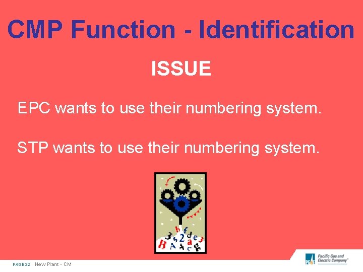 CMP Function - Identification ISSUE EPC wants to use their numbering system. STP wants