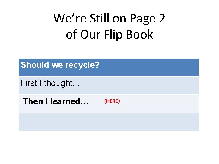 We’re Still on Page 2 of Our Flip Book Should we recycle? First I