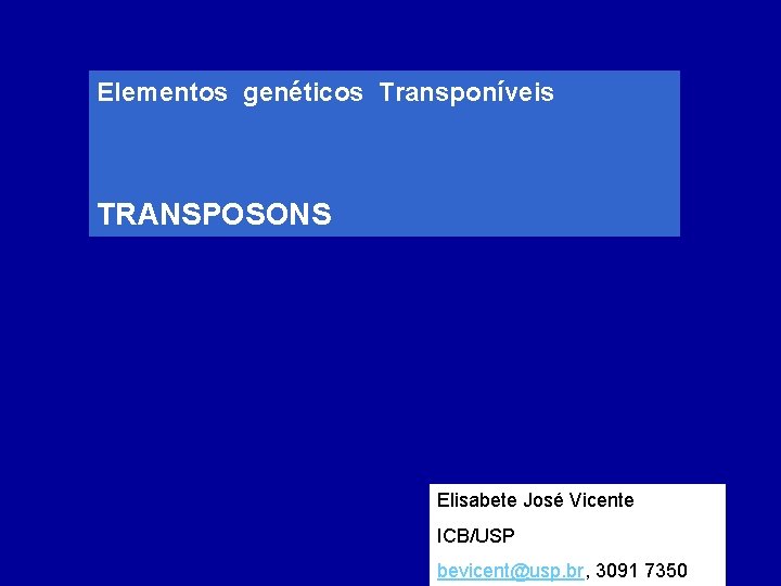 Elementos genéticos Transponíveis TRANSPOSONS Elisabete José Vicente ICB/USP bevicent@usp. br, 3091 7350 