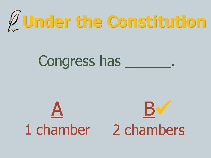 Under the Constitution Congress has ______. A 1 chamber B 2 chambers 