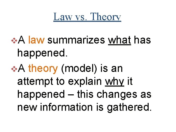 Law vs. Theory v. A law summarizes what has happened. v. A theory (model)