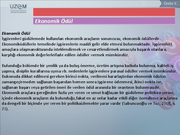 Ünite X Ekonomik Ödül İşgörenleri güdülemede kullanılan ekonomik araçların sonuncusu, ekonomik ödüllerdir. Ekonomiködüllerin temelinde