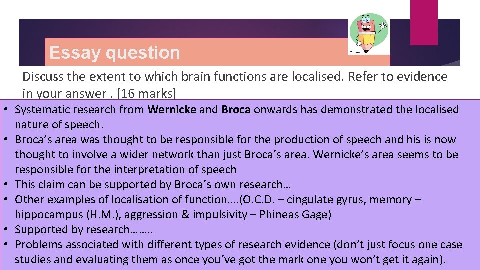 Essay question Discuss the extent to which brain functions are localised. Refer to evidence