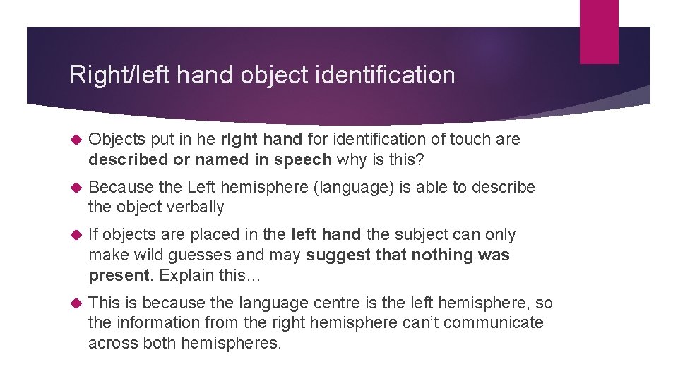 Right/left hand object identification Objects put in he right hand for identification of touch