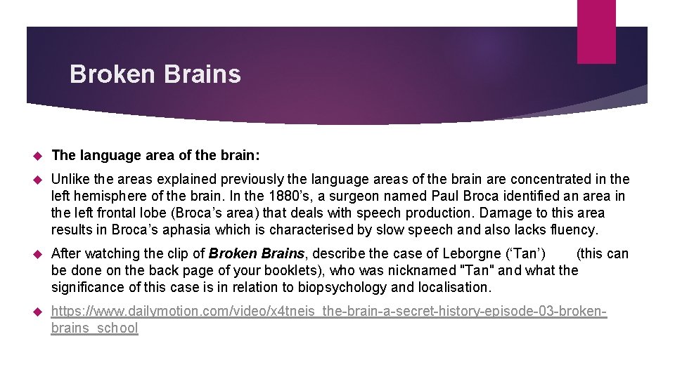 Broken Brains The language area of the brain: Unlike the areas explained previously the