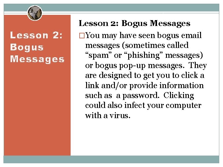 Lesson 2: Bogus Messages �You may have seen bogus email messages (sometimes called “spam”