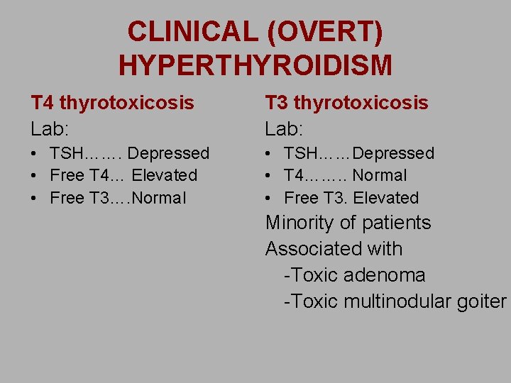 CLINICAL (OVERT) HYPERTHYROIDISM T 4 thyrotoxicosis Lab: T 3 thyrotoxicosis Lab: • TSH……. Depressed