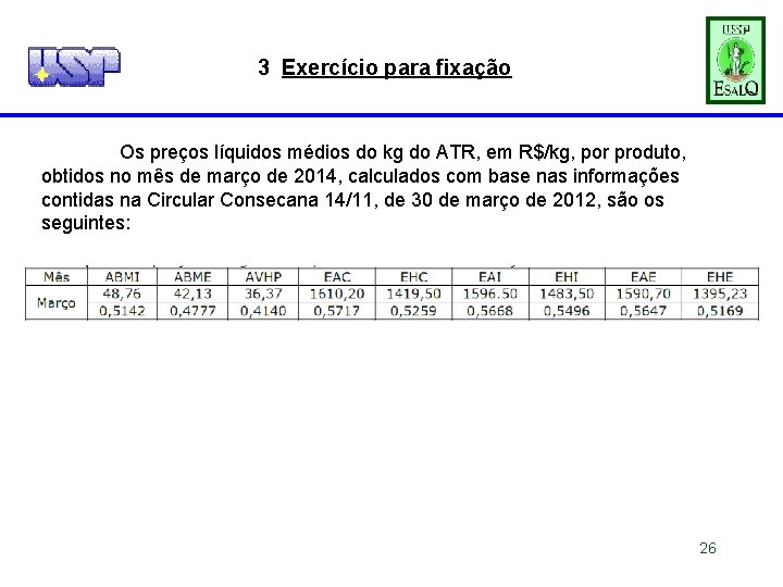 3 Exercício para fixação Os preços líquidos médios do kg do ATR, em R$/kg,