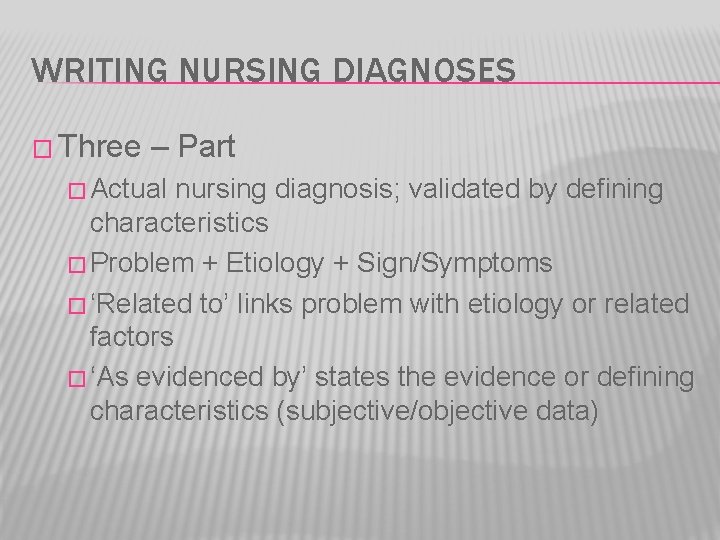 WRITING NURSING DIAGNOSES � Three – Part � Actual nursing diagnosis; validated by defining