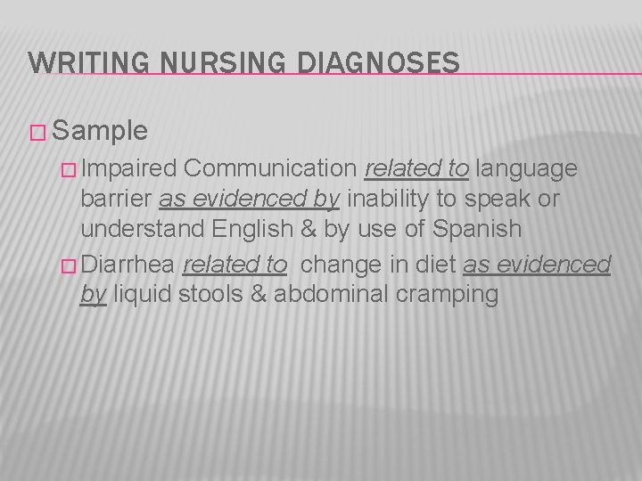 WRITING NURSING DIAGNOSES � Sample � Impaired Communication related to language barrier as evidenced