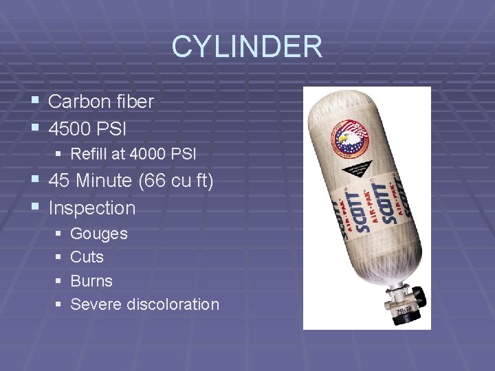 CYLINDER § Carbon fiber § 4500 PSI § Refill at 4000 PSI § 45