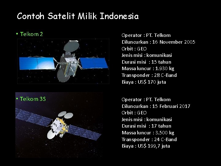 Contoh Satelit Milik Indonesia • Telkom 2 Operator : PT. Telkom Diluncurkan : 16