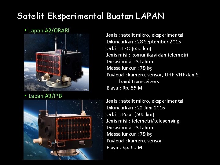 Satelit Eksperimental Buatan LAPAN • Lapan A 2/ORARI • Lapan A 3/IPB Jenis :