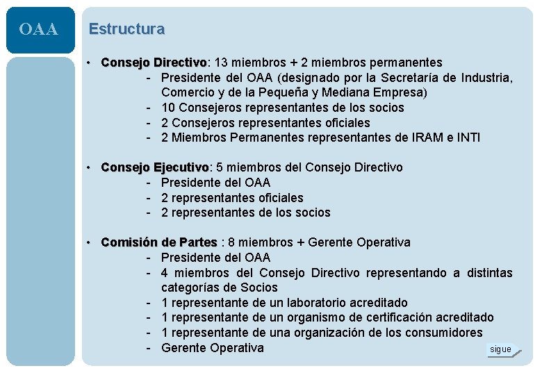 OAA Estructura • Consejo Directivo: 13 miembros + 2 miembros permanentes Consejo Directivo -