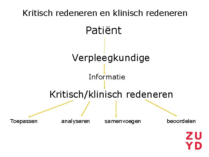 Kritisch redeneren en klinisch redeneren Patiënt Verpleegkundige Informatie Kritisch/klinisch redeneren Toepassen analyseren samenvoegen beoordelen