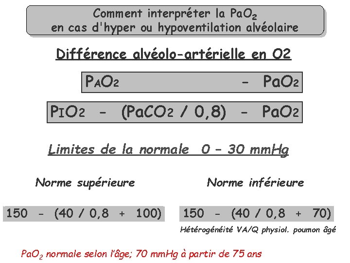 Comment interpréter la Pa. O 2 en cas d'hyper ou hypoventilation alvéolaire Différence alvéolo-artérielle