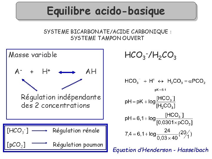 Equilibre acido-basique SYSTEME BICARBONATE/ACIDE CARBONIQUE : SYSTEME TAMPON OUVERT HCO 3 -/H 2 CO