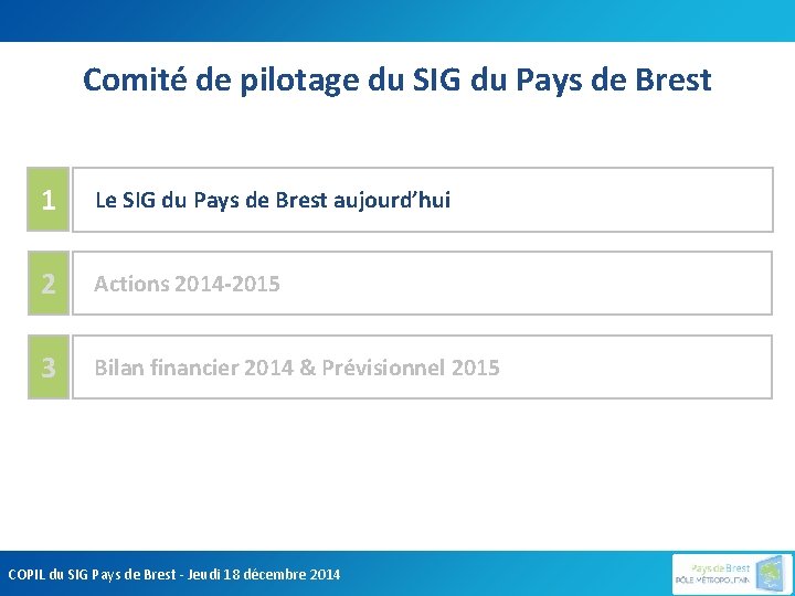Comité de pilotage du SIG du Pays de Brest 1 Le SIG du Pays