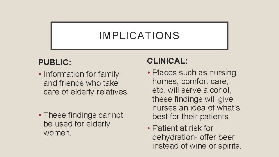 IMPLICATIONS PUBLIC: • Information for family and friends who take care of elderly relatives.