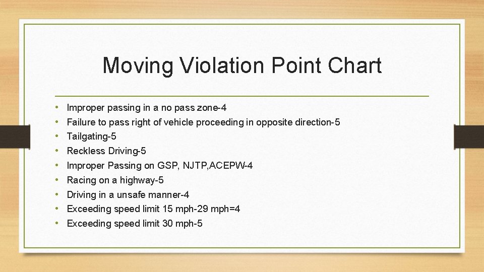 Moving Violation Point Chart • • • Improper passing in a no pass zone-4
