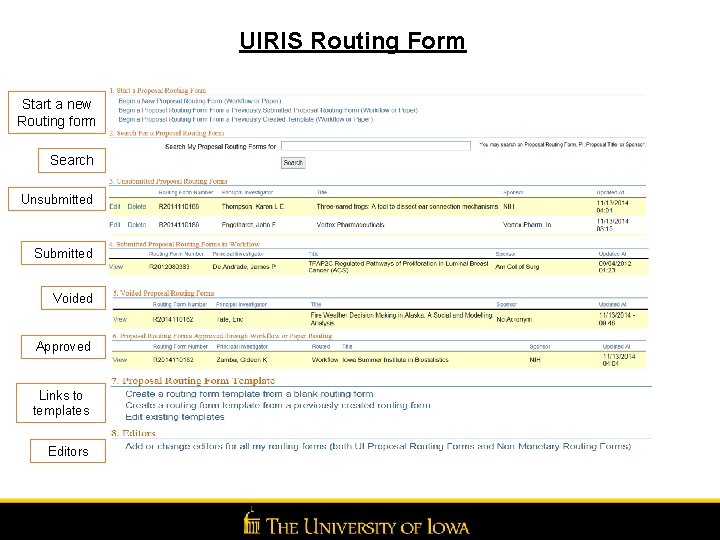 UIRIS Routing Form Start a new Routing form Search Unsubmitted Submitted Voided Approved Links