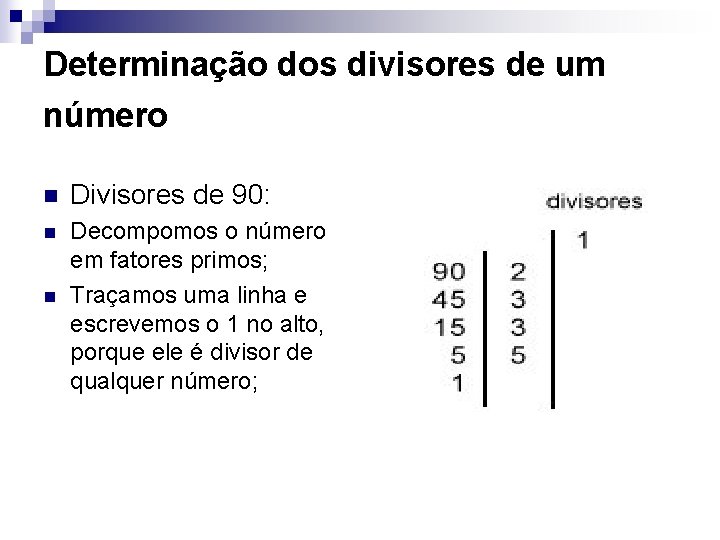 Determinação dos divisores de um número n Divisores de 90: n Decompomos o número