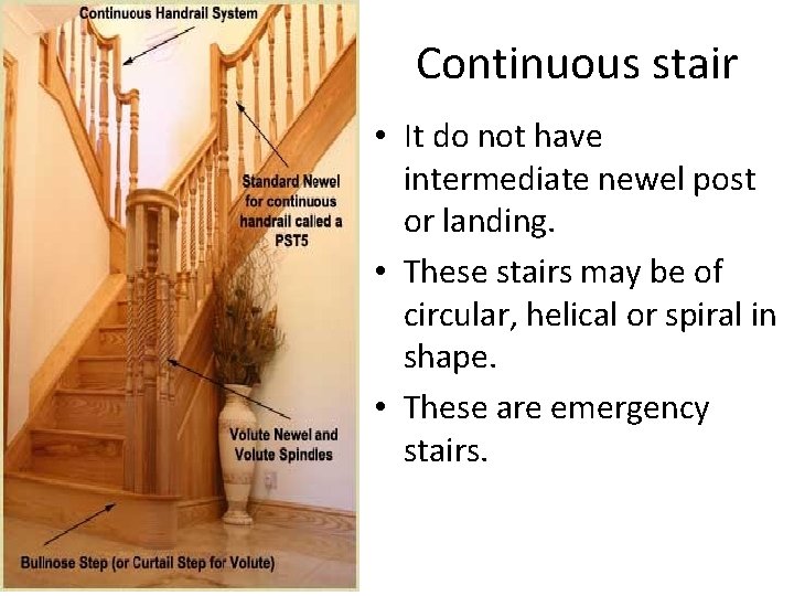 Continuous stair • It do not have intermediate newel post or landing. • These