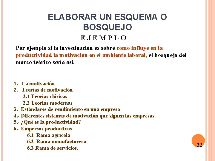 ELABORAR UN ESQUEMA O BOSQUEJO EJEMPLO Por ejemplo si la investigación es sobre como