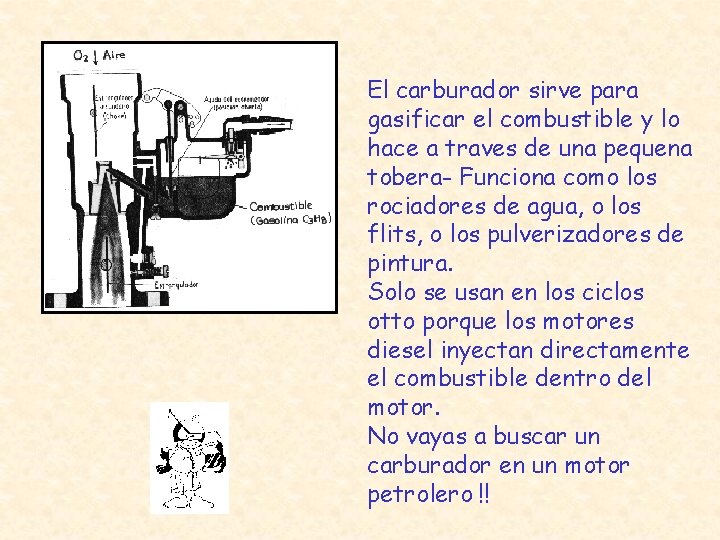 El carburador sirve para gasificar el combustible y lo hace a traves de una
