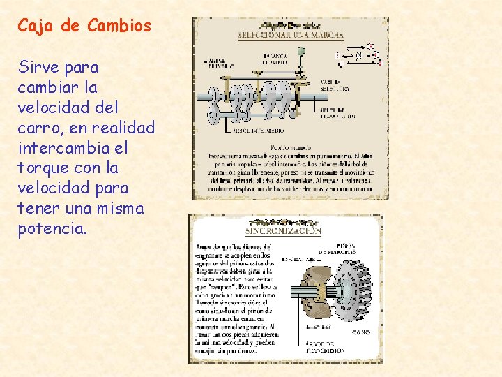 Caja de Cambios Sirve para cambiar la velocidad del carro, en realidad intercambia el