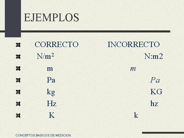 EJEMPLOS CORRECTO N/m 2 m Pa kg Hz K CONCEPTOS BASICOS DE MEDICION INCORRECTO