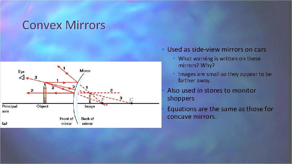 Convex Mirrors • Used as side-view mirrors on cars • What warning is written